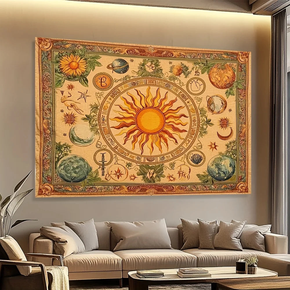 1pc Bohemian celestial tapestry with sun, moon, sunflower and butterfly pattern - Vibrant yellow polyester wall hanging