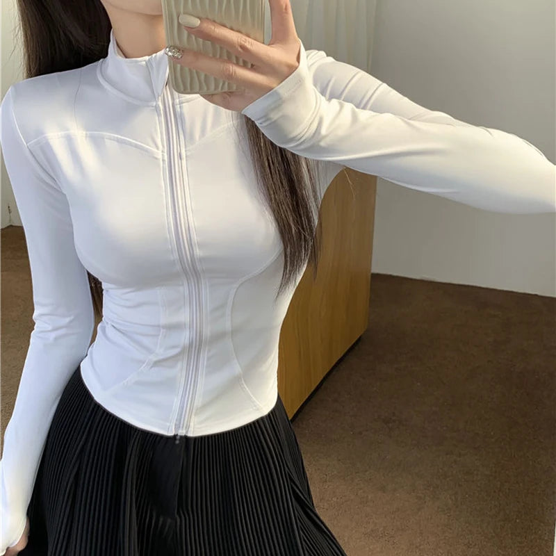 2025 New Slim Fit Long Sleeve T Shirt Women Wild Zipper Up Waist Slimming Yoga Tshirt Woman Tight Stand Collar Crop Tops Female