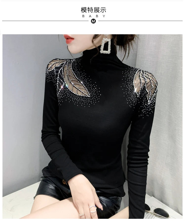 2025 European Station Long Sleeve Women Tees Autumn Winter New Stand collar Hot Diamond T Shirt Fashion Slim Mesh Tops