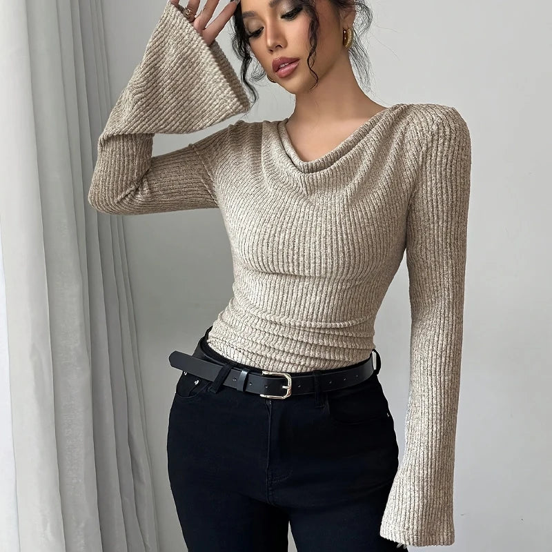2025 Women Autumn Winter Long Sleeve Y2K Crop Top Trendy Off Shoulder Asymmetrical Fitted Knit V Neck Tee Shirts Tops Streetwear
