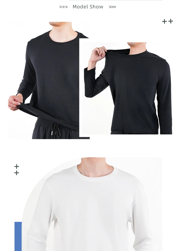 1PC Mens White Black T Shirts Casual Long Sleeve Top Cotton Moisture Wicking O-Neck Tees Tanks Classic Loose Tshirts for Men