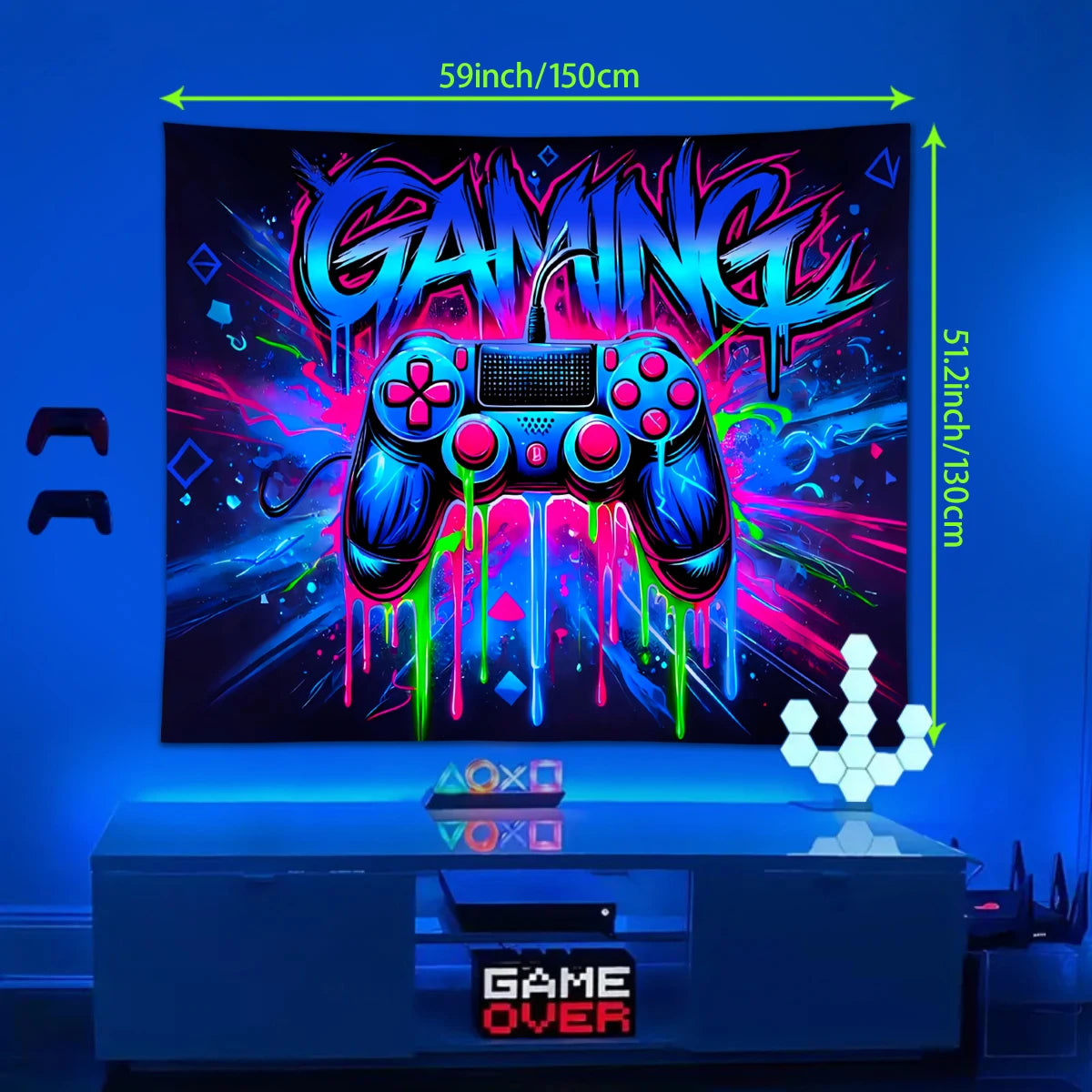 1pc Game controller fluorescent tapestry, UV reactive tapestry, e-sports room, e-sports club background decoration wall hanging