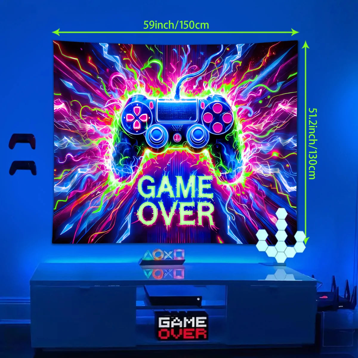 1pc Game controller fluorescent tapestry, UV reactive tapestry, e-sports room, e-sports club background decoration wall hanging