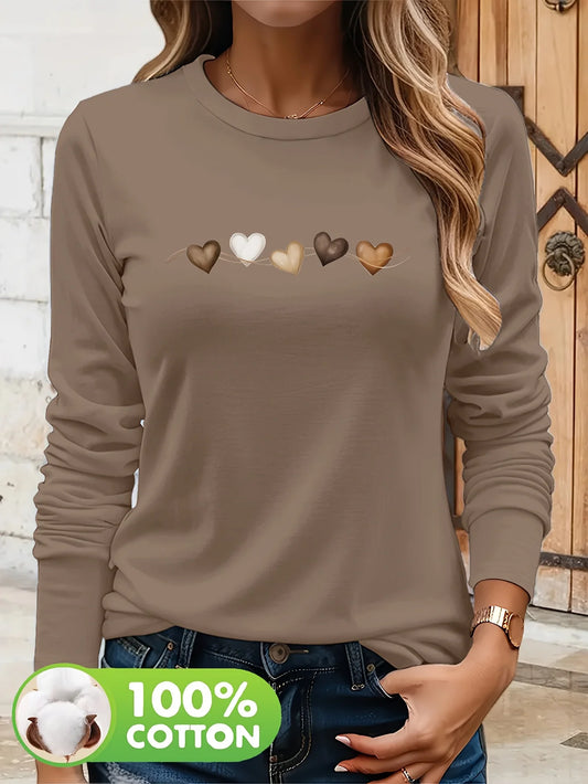 Women's autumn and winter 100% pure cotton fashionable casual heart-shaped printed round neck long sleeved T-shirt top