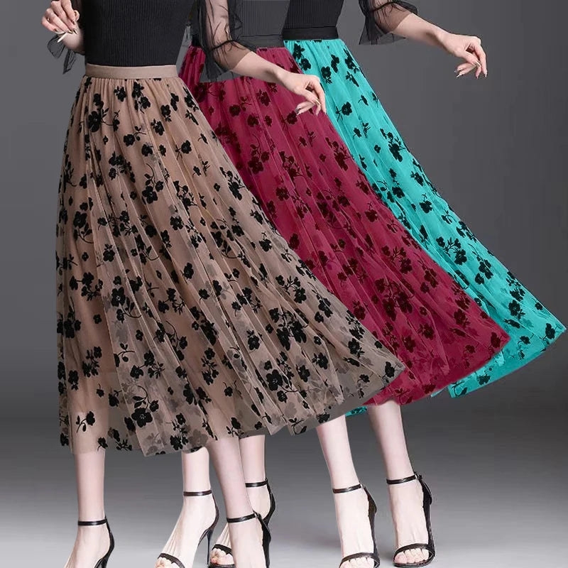 Women's Mesh Flower Skirts 2024 Autumn Winter Lace Flocking Big Swing Elastic High Waist Fashion Elegant A-line White Skirt Dot