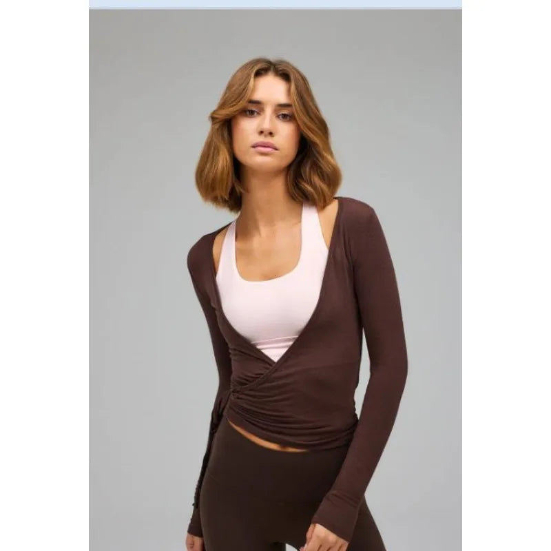 Women Yoga Wrap Tie Tops Y2k Solid Long Sleeve Slim Fit Crop Tops Ballet Workout Yoga T-Shirts Tees Coquette Sweet Chic Tops