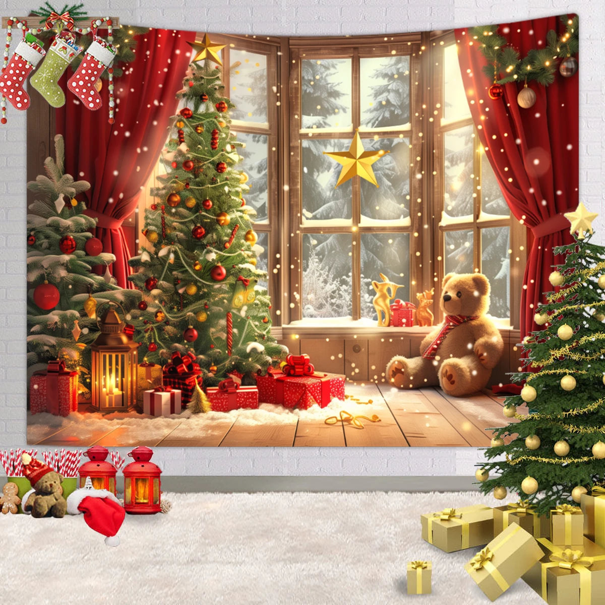 1pc Christmas tapestry, snow background banner outside the Christmas tree window, Christmas fireplace tapestry