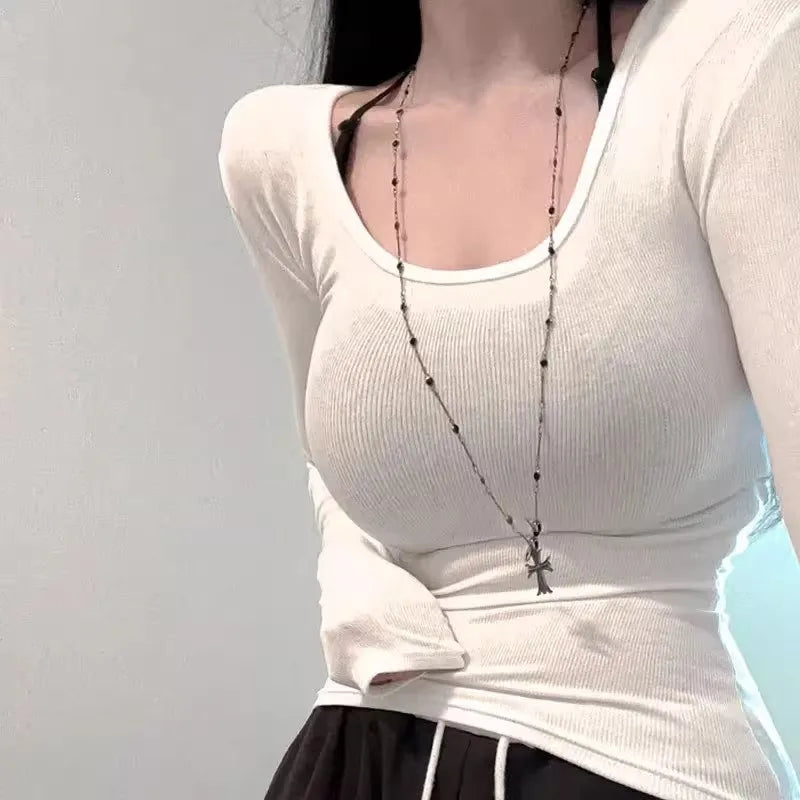 2026 Top Women Long Sleeve T-shirts Square Neck Slim Fit Basic Elasticity Tee Y2K Streetwear Fashion Spring Sexy Trendy Clothing