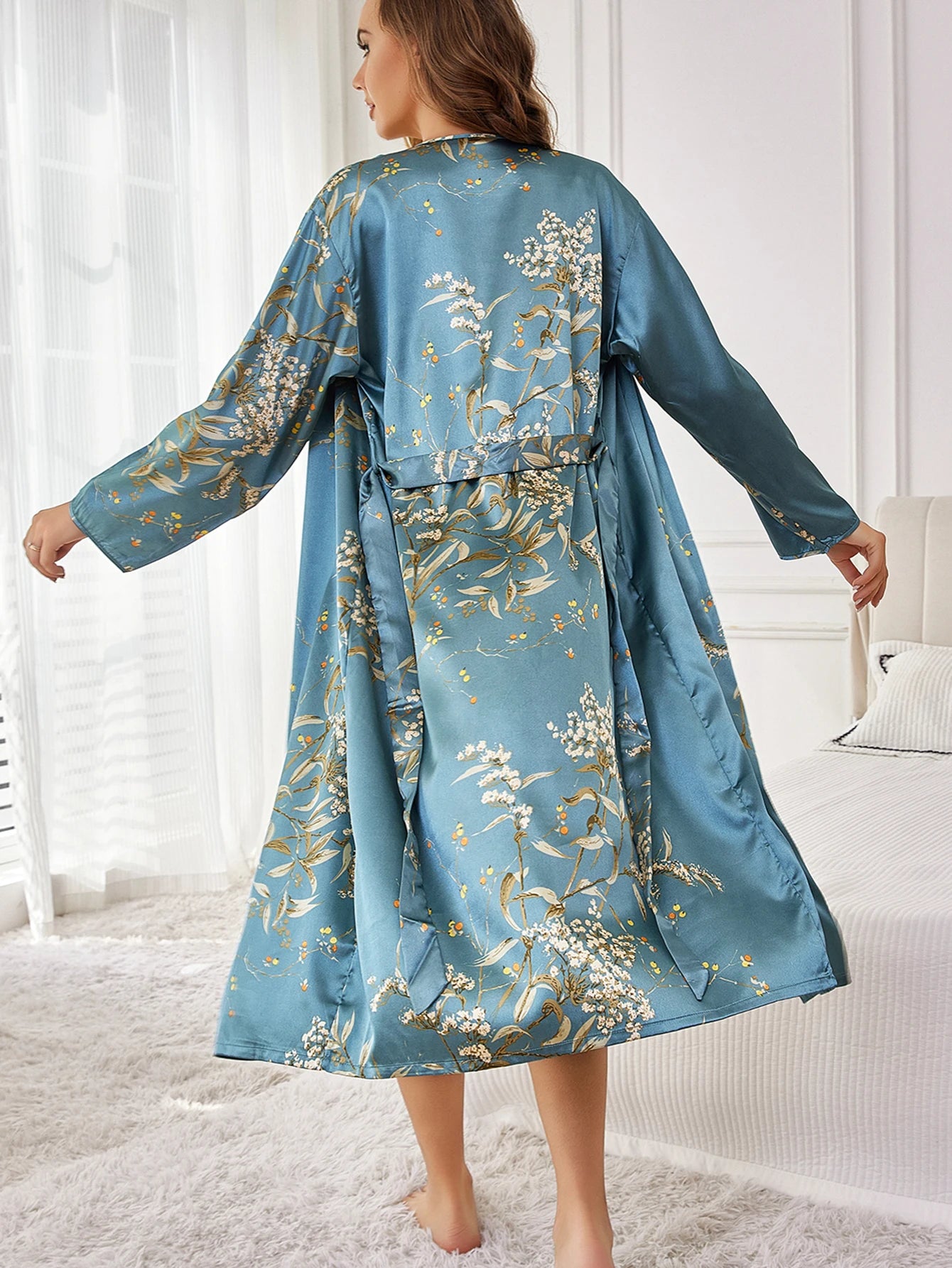 Women's Elegant Silk Robe Floral Print Loose Fit Long Sleeve Breathable Loungewear All-Season