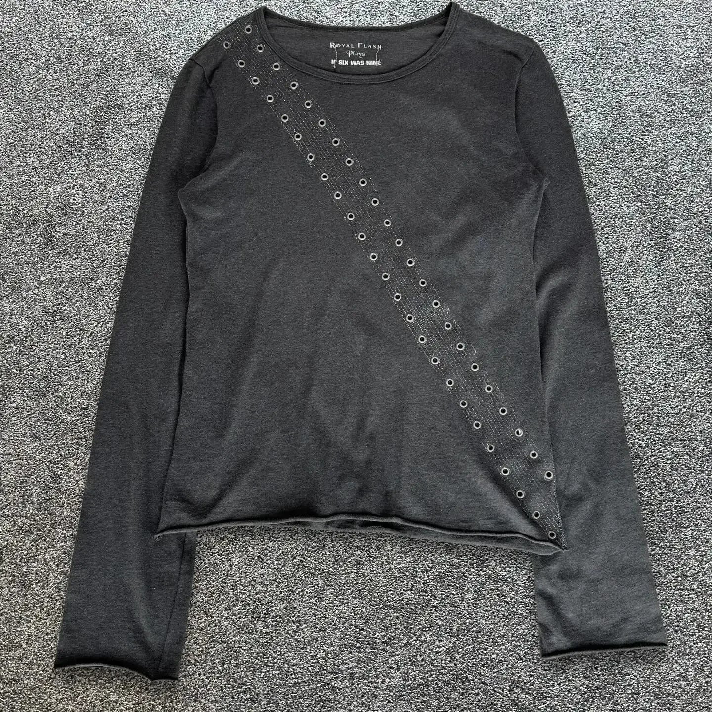 Y2K Classic Aesthetic Hip-Hop Guitar Print Loose Rivet Element Long Sleeved Retro Daily Couple Trend Cotton T-shirt Kawaii Top