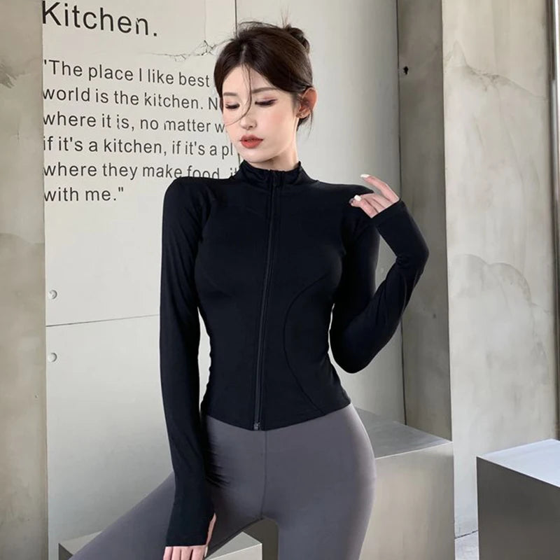 2025 New Slim Fit Long Sleeve T Shirt Women Wild Zipper Up Waist Slimming Yoga Tshirt Woman Tight Stand Collar Crop Tops Female