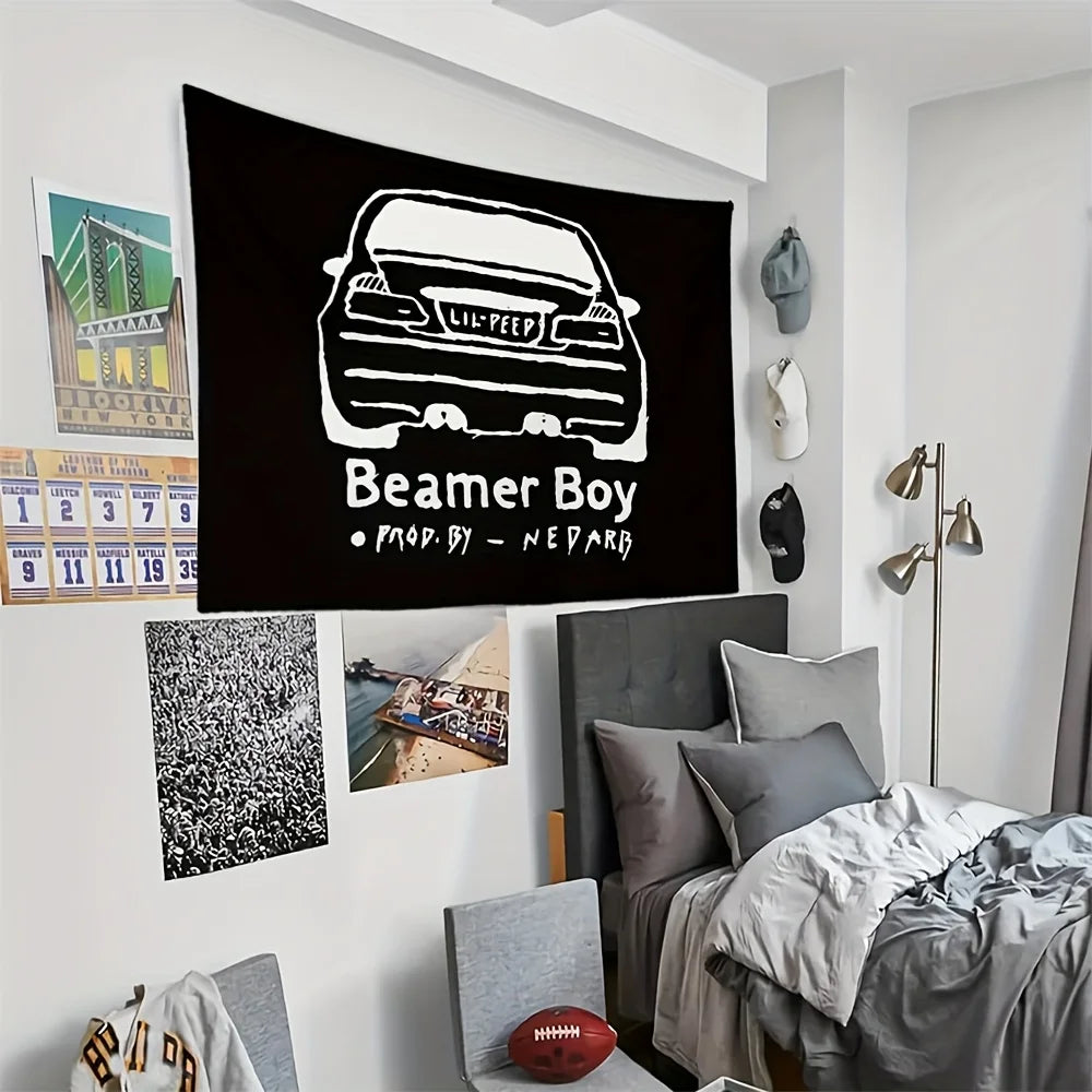 1pc Beamer Boy Music-Themed Tapestry - Black Cartoon Car Print Wall Hanging with Lil Peep Album Art Perfect for Dorms