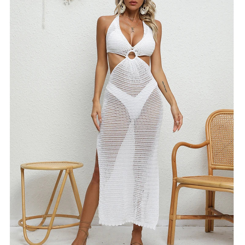 Women's Sexy Binding Rope Deep V Beach Cover-Up Knitting Halter Tunic Long Dress See-Through Summer Holiday Casual Beachwear