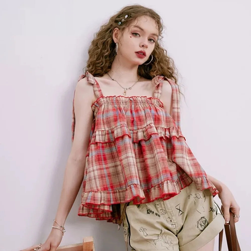 Y2K Hot Women Summer Acubi Japan Vintage Gyaru Tanks & Camis Lace Up Green Crop Top Plaid Strap Sleeveless Tank Tops Clothes