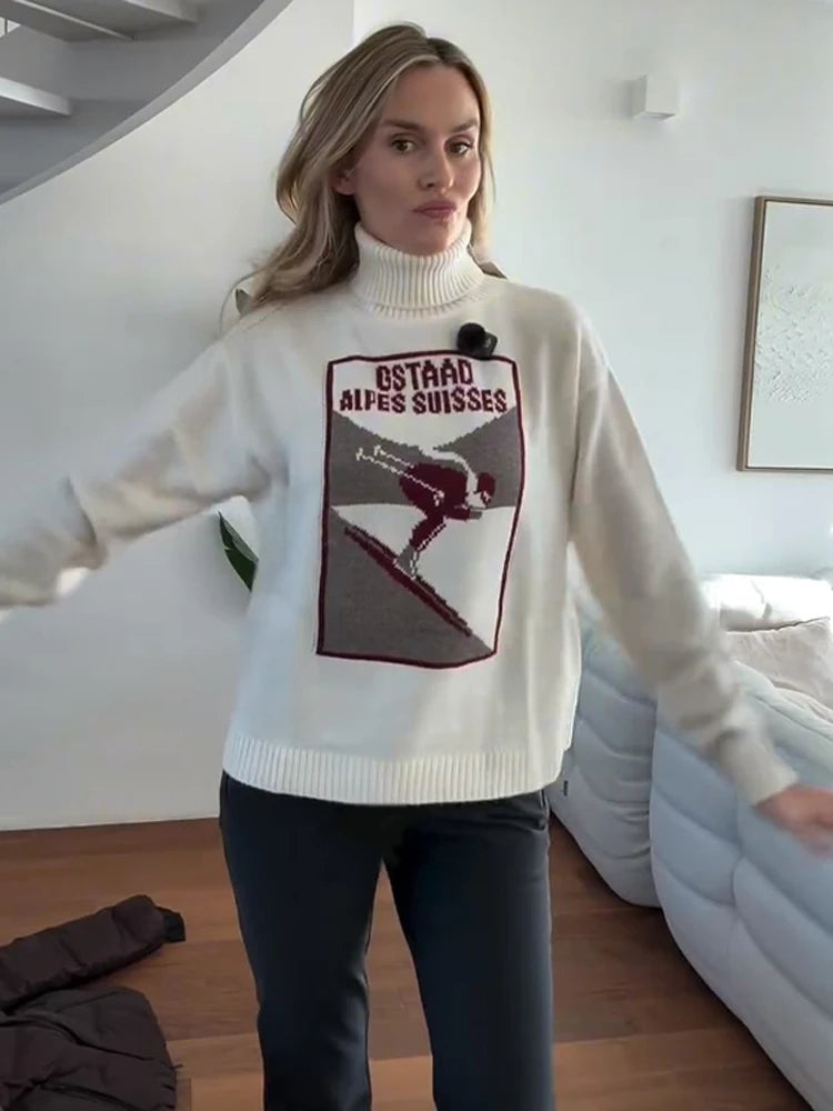 Women's 2 Pcs Suits Printed Pullover Sweater Pants Sets Street Female Turtleneck Long Sleeve Tops High Waist Trousers New Outfit