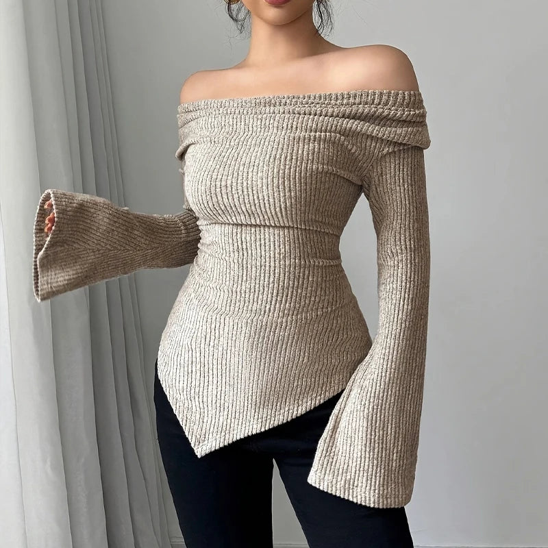 2025 Women Autumn Winter Long Sleeve Y2K Crop Top Trendy Off Shoulder Asymmetrical Fitted Knit V Neck Tee Shirts Tops Streetwear