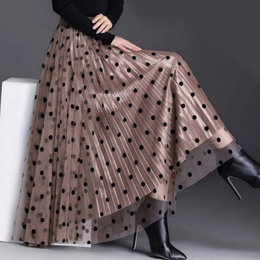 Women's Mesh Flower Skirts 2024 Autumn Winter Lace Flocking Big Swing Elastic High Waist Fashion Elegant A-line White Skirt Dot