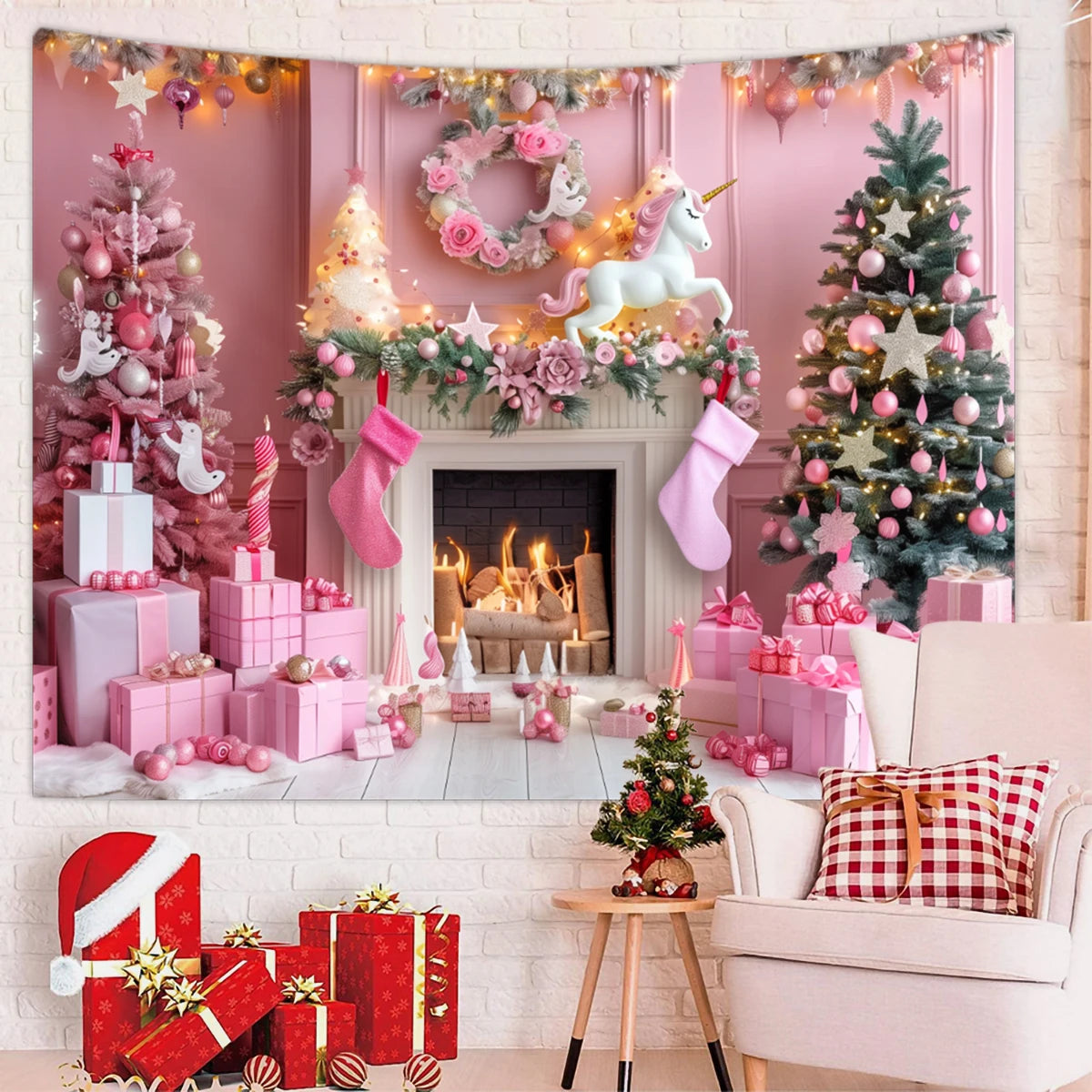 1pc Christmas tapestry, snow background banner outside the Christmas tree window, Christmas fireplace tapestry