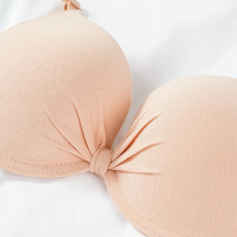 Women's Sexy Cotton Gathered Bra Deep V Underwire Ladied  Brassiere Push Up Lingerie Solid Bras Backless Intimate Underwear