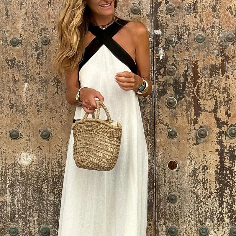 Women's Summer New Fashion Pure Color Hanging Neck Strapless Cotton Linen Dress Sleeveless Simple Design Maxi Dress