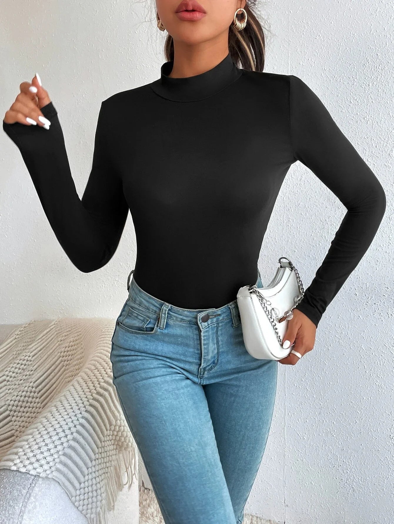 Women's Plain Mock Neck Tight Long Sleeve Tee, Casual Long Sleeve T-Shirt for Fall and Winter, Women's Clothes for Daily Wear
