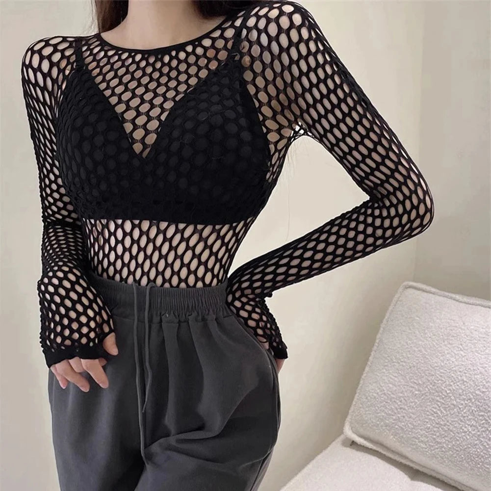 Womens Sexy Mesh Long Sleeve Fishnets Tops Fun Fashion Slim Fit Tops  Hollow Out See Through Loose Female T-shirts Crop soft Top