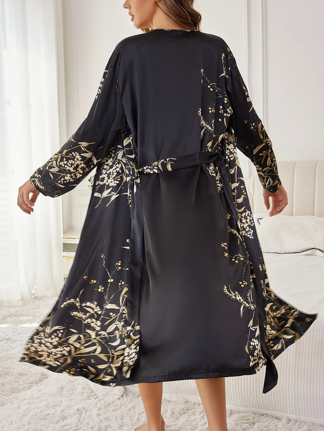 Women's Elegant Silk Robe Floral Print Loose Fit Long Sleeve Breathable Loungewear All-Season
