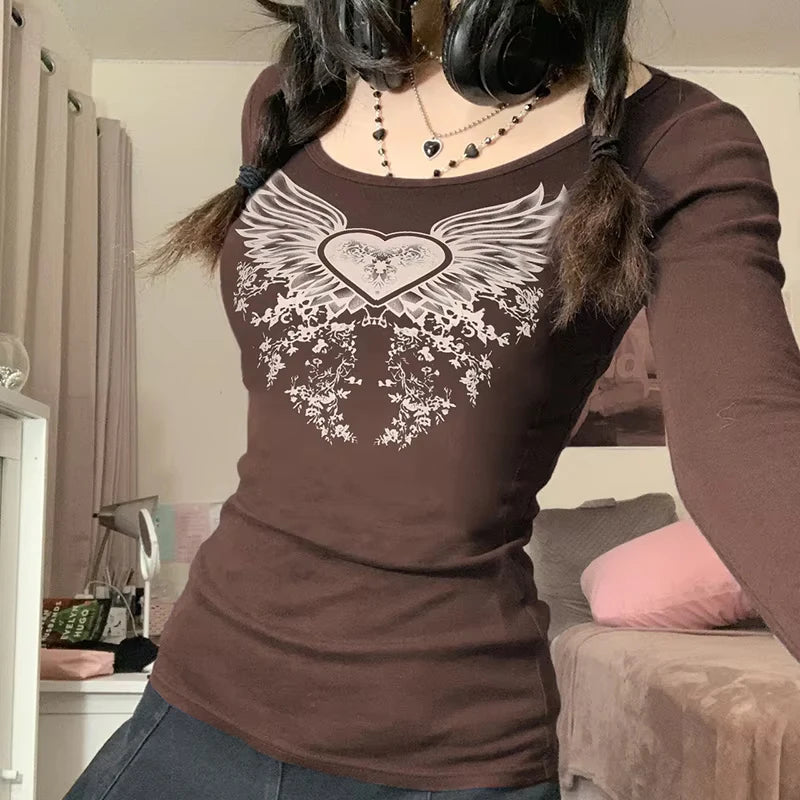 Y2K Grunge Cyber Mall Goth Thermal T-shirt Skulls Graphic Print Long Sleeve Pullovers Tops Women 90s Vintage Aesthetic Tees