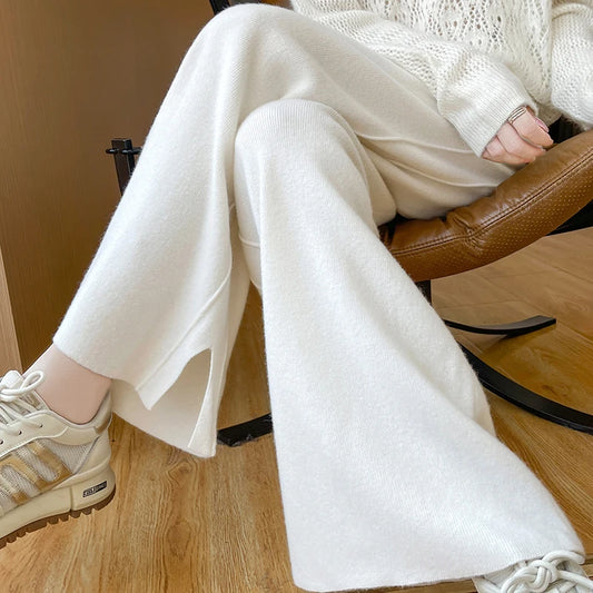 Women Straight Flared Pants 100% Merino Wool Knitted Thicken Loose Pants Autumn Winter Office Lady Elastic Waist Wool Trousers