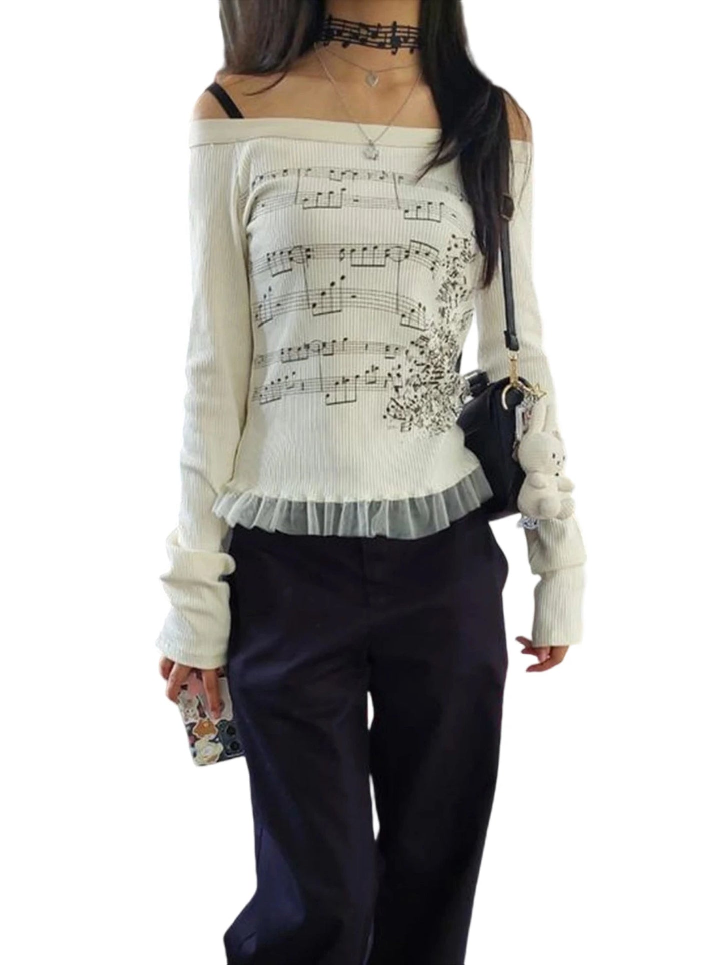 Women Y2K Graphic T-Shirts Long Sleeve Top Off Shoulder Music Score Tee Shirt Aesthetic Fairy T-Shirt Streetwear