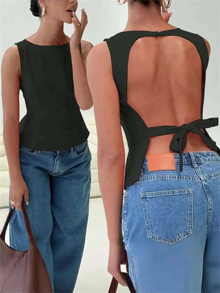 Women's Sexy Solid Color Backless Tank Top for Summer Club Sleeveless Knot Backless Tee Top Streetwear Y2K Clothes 2025