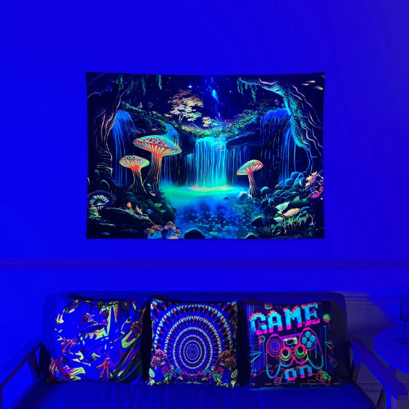 1pc Fluorescent fantasy mushroom forest tapestry, UV responsive waterfall landscape tapestry, psychedelic starry sky tapestry