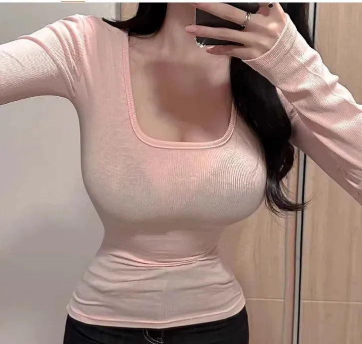 2026 Top Women Long Sleeve T-shirts Square Neck Slim Fit Basic Elasticity Tee Y2K Streetwear Fashion Spring Sexy Trendy Clothing