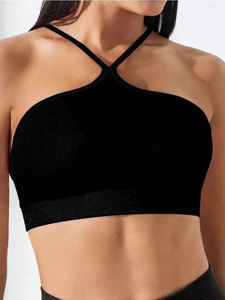 Women's Criss Cross Slim Fit Sports Cami Top Seamless Halter Crop Tee Shirt Tops Workout Tops
