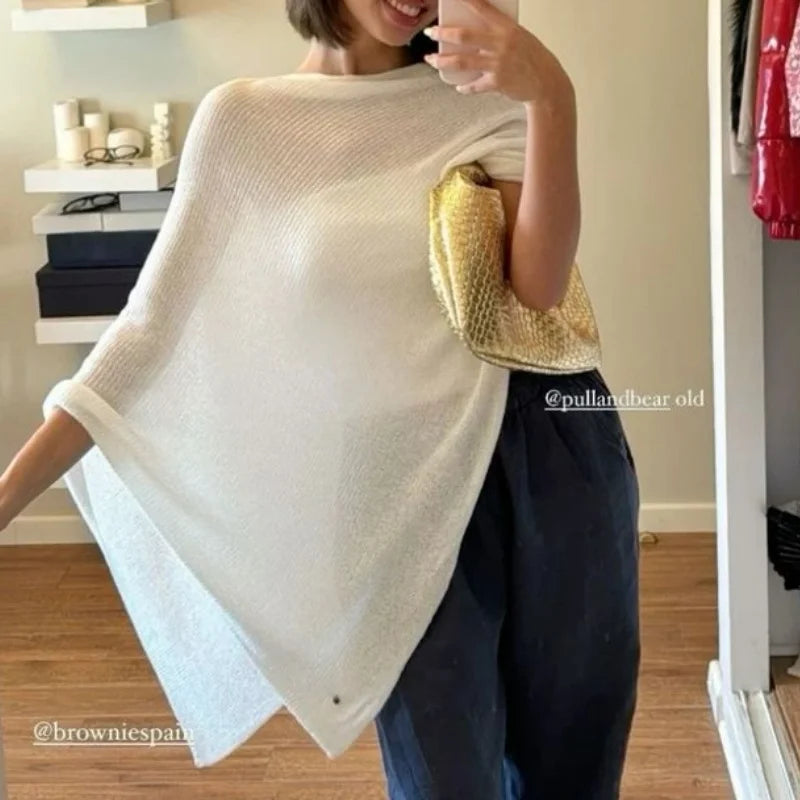 Womens Knitted Sheer Poncho Tops Women Knit Cover-up See-through Solid Irregular Loose Pullover Summer Beach Tops