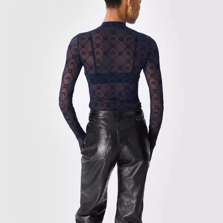 Women Tshirt Long Sleeve Korean Sexy Sweet Spicy Top Hollow Out Mesh Plush Moon Print Street Shorts Mushroom Edge Tight Fit