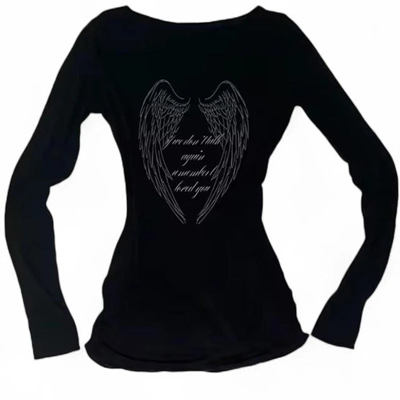 Y2k style aesthetic sweet and sexy long sleeved top for women's casual gothic punk printed T-shirt Harajuku Grunge clothes Emo