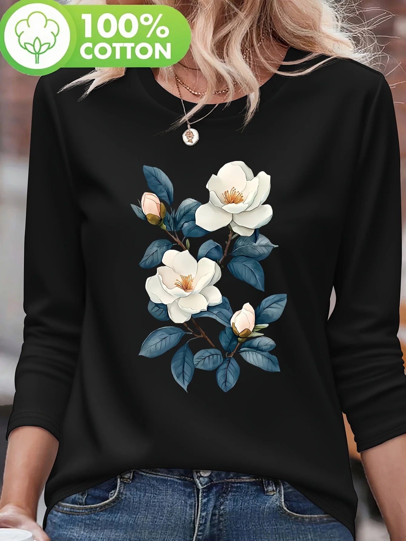 100% pure cotton women's spring and autumn comfortable casual long sleeved Paris graphic printed round neck T-shirt