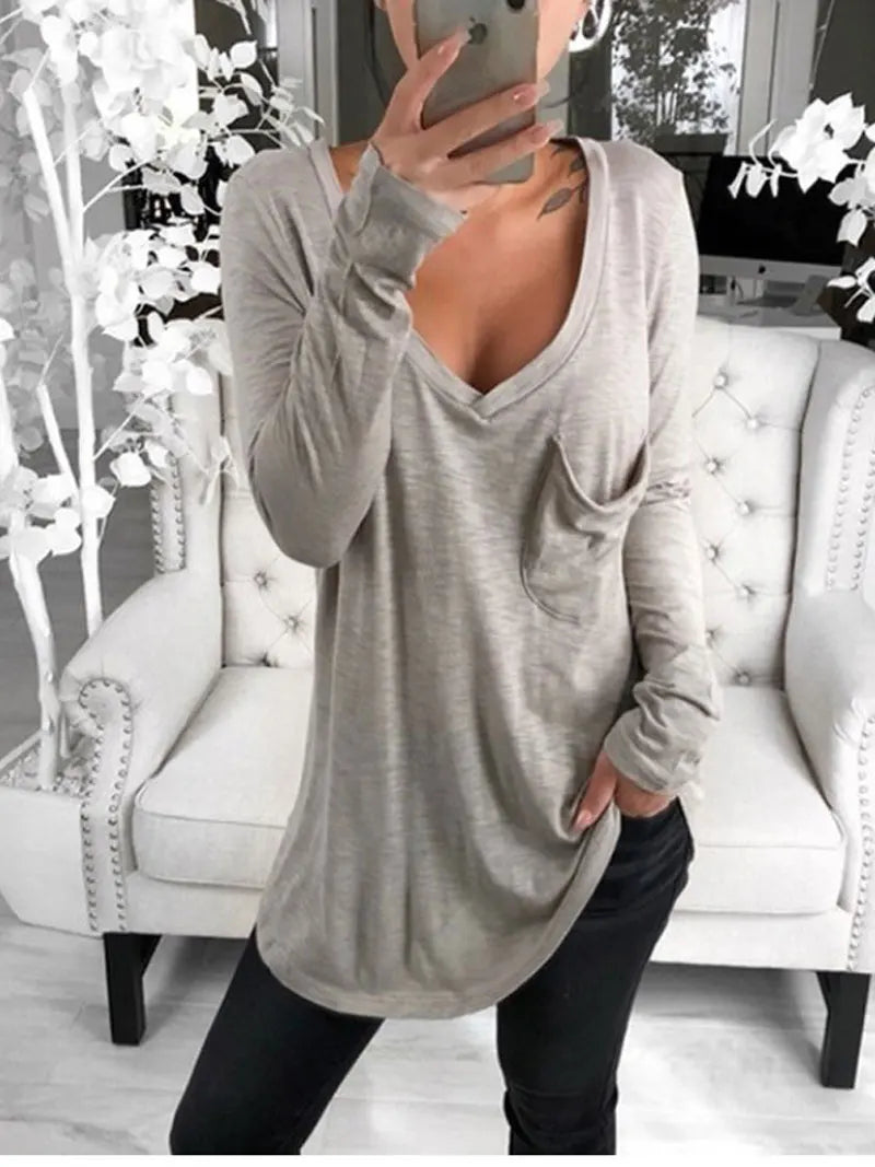 Women's Solid Color Fashion V-neck Long Sleeved T-shirt Ladies Casual Simple T-shirt
