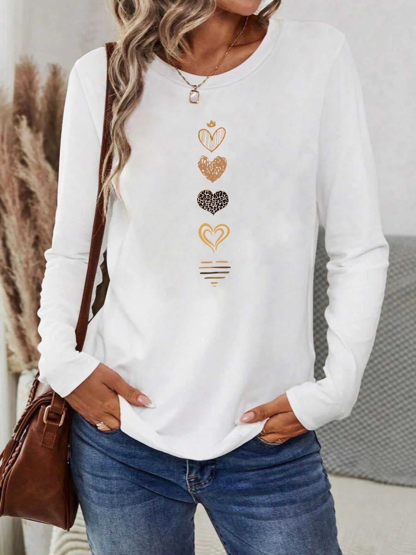 Women's Spring and Autumn 100% Cotton Fashion Casual Loose Leopard Pattern Heart Pattern Printed Round Neck Long Sleeve T-shirt