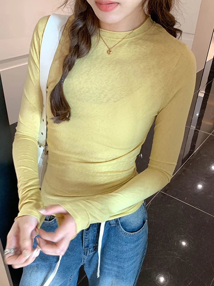 2025 Spring Autumn T shirt Women Tops Solid Slim Fit Long Sleeve O Neck Tshirts Female Casual Streetwear High Quality Base Tees