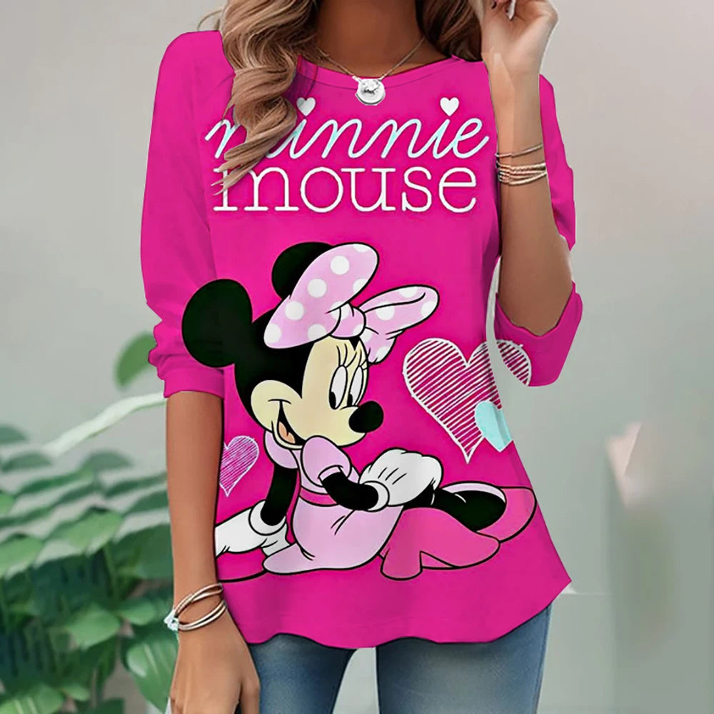 Women's Spring and Autumn New S-3XL Large T-shirt Solid Color Long Sleeve Loose Disney's Mickey Mouse Casual Harajuku Waist T-sh