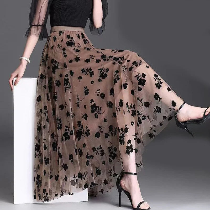 Women's Mesh Flower Skirts 2024 Autumn Winter Lace Flocking Big Swing Elastic High Waist Fashion Elegant A-line White Skirt Dot