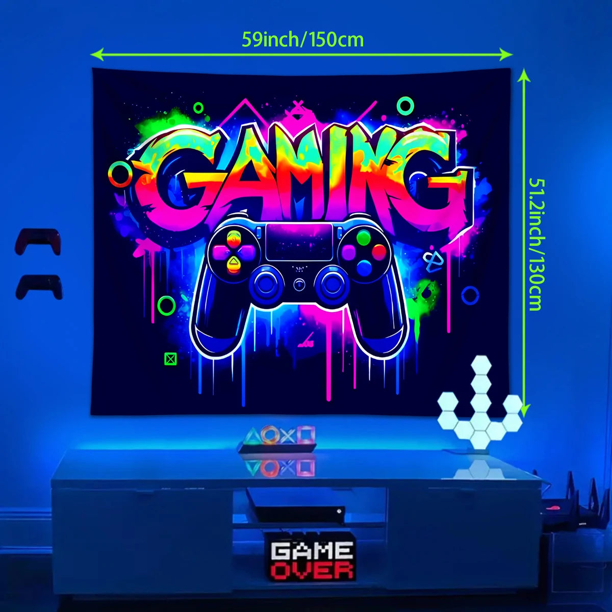 1pc Game controller fluorescent tapestry, UV reactive tapestry, e-sports room, e-sports club background decoration wall hanging