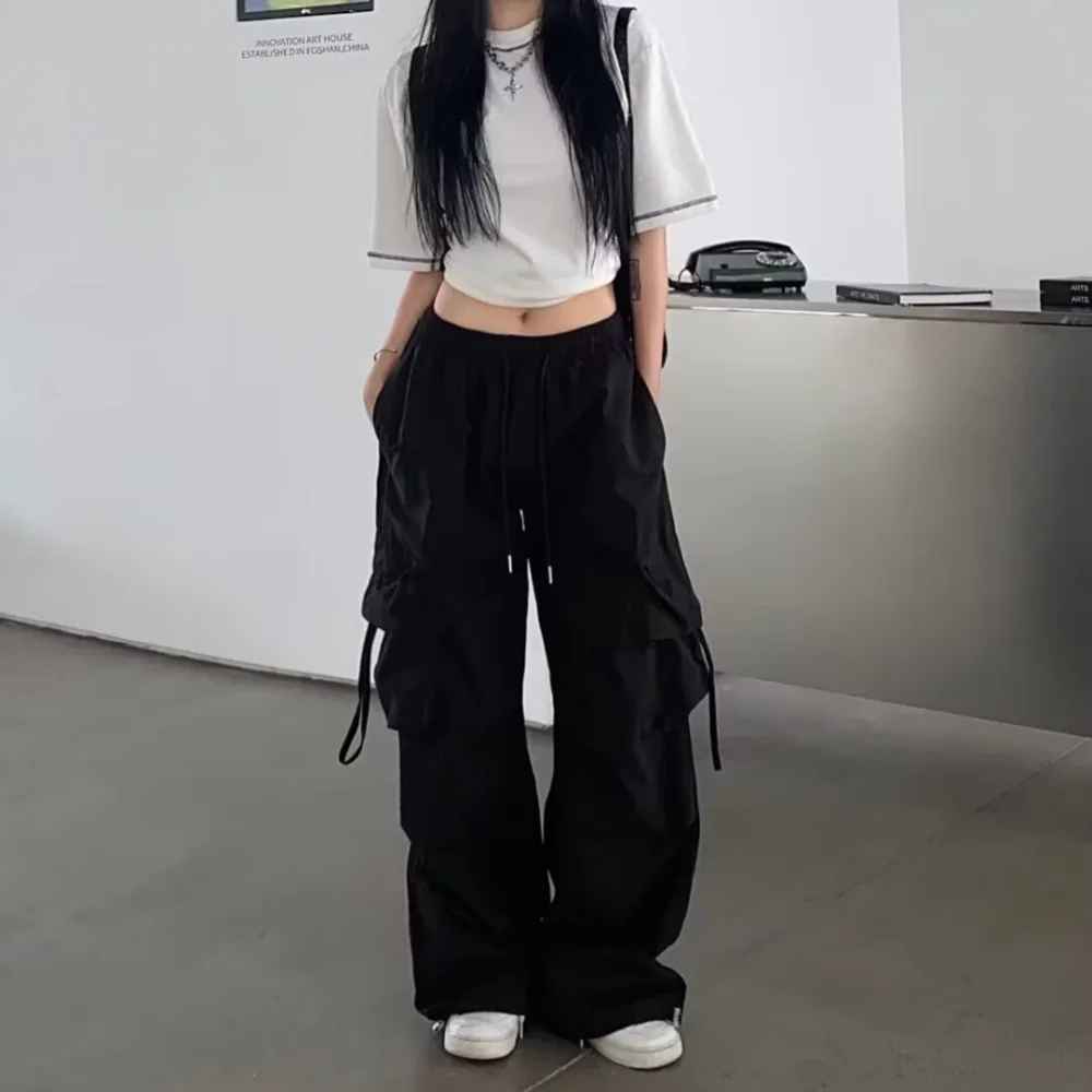 2025 New Vintage Loose Wide Leg Pants High Street Y2K Retro Hip Hop Solid Sweatpant Casual Women Cargo Commute Jogger Trousers