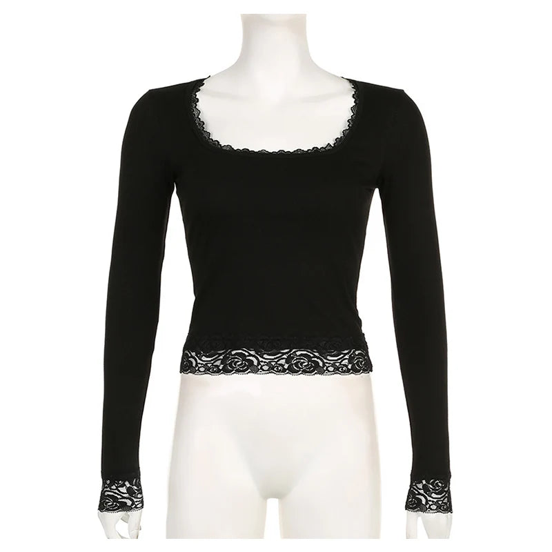 2000s Graphic T Shirt Vintage Fairy Grunge Women Autumn Lace Trim Long Sleeve Slim Fits Tops y2k Clothes Basic Harajuku Tees