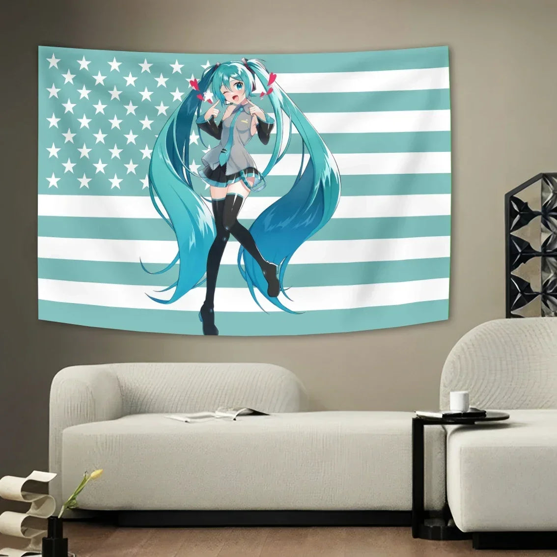 1 Pc Miku American Flag Tapestry Anime Background Decoration Dormitory Bedhead Tapestry Living Room Sofa Background Cloth