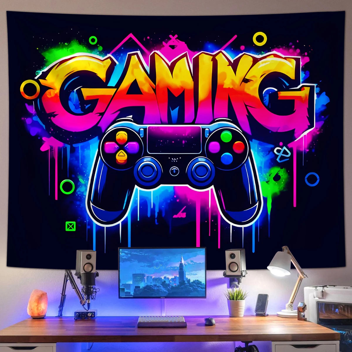1pc Game controller fluorescent tapestry, UV reactive tapestry, e-sports room, e-sports club background decoration wall hanging