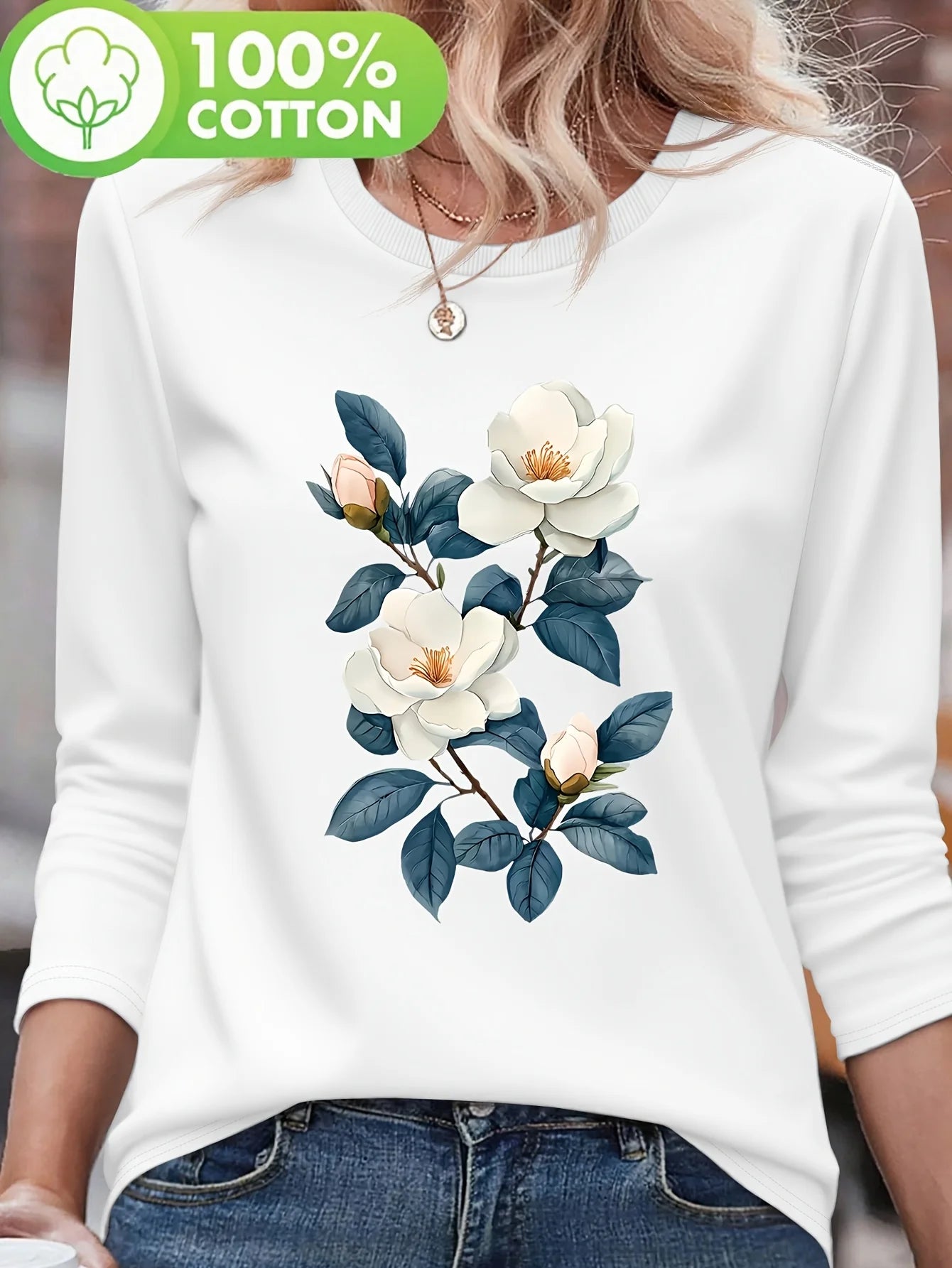 100% pure cotton women's spring and autumn comfortable casual long sleeved Paris graphic printed round neck T-shirt