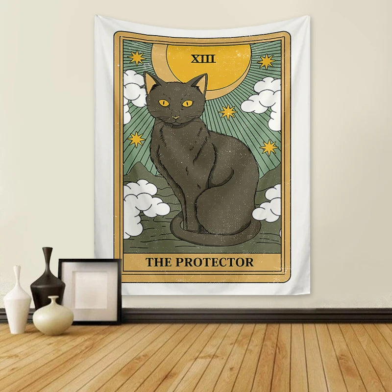 1pc Tarot Cat Tapestry, Moon Phase Sun Universe Starry Sky Tapestry, Cute Cat Wall Hanging